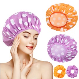 2 Sets Large Shower Caps for Women, Waterproof Shower Cap Double Layers Bath Caps Stocking Stuffers for Women Long Thick Hair (Purple/Orange)