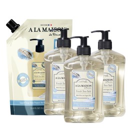 A LA MAISON French Liquid Hand Soap and Eco-Friendly Refill Pouch Combo, Fresh Sea Salt - Natural Hand Wash Made with Essential Oils - Biodegradable, Plant-Based, Alcohol & Paraben Free (3x16oz + 1L)