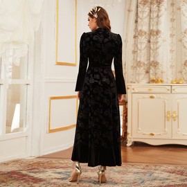 Women's Fall Winter Dress Long Bell Sleeve Mock Neck Floral Velvet Long Maxi Dress Party Dress Wedding Guest Dress Black L