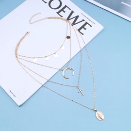 TseenYi Holy Layered Cross Necklace Boho Gold Disc Pendant Choker Necklaces Multilayered Long Necklaces Jewelry for Women and Girls(1 Pcs)