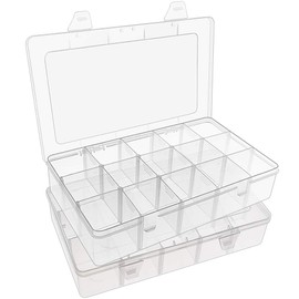 SGHUO 2 Pack15 Large Grids Organizer Box for Washi Tape, 15 Compartments Plastic Storage Box with Dividers for Ribbon, Crafts, Art Supply, Sewing, Thread, 10.9X6.5X2.2inch