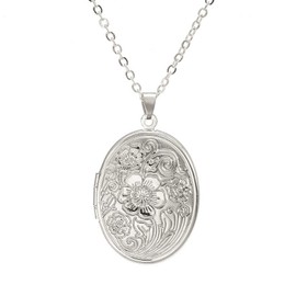Vintage Engraved Flower Empaistic Photo Locket Hold Picture Oval Round Pendant Necklace Antique Carved Pattern Souvenir Memorial Clavicle Jewelry for Women-silver
