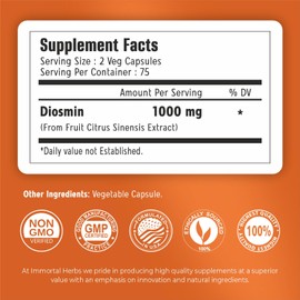 Immortal Herbs Pure Diosmin 1000mg Complex Formula, 150 Capsules, Citrus Bioflavonoids Rich Fruit Extract, 100% Vegetarian, Non-GMO & Gluten Free Diosmin Supplement