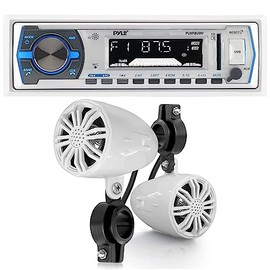 Pyle PLMRB29W Single Din Bluetooth USB/AUX/MP3 Marine Stereo Receiver w/Remote Control (White) with Pyle PLMR22WT 2.25" 20 Watt Peak Power Compact PowerSport Waterproof Off Road Speaker (White, Pair)
