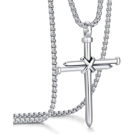 Generic Nail Cross Pendant Necklace for Men, Box Chain, Silver
