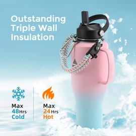 RAYMYLO Insulated Water Bottle 40oz (Cold for 48 Hrs), Stainless Steel Water Bottle with Handle & Straw Lid & Paracord Handle, Triple Wall Vacuum Leakproof Travel Flask, Fit in Any Car Cup Holder