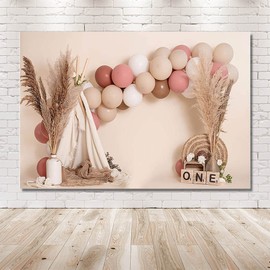MEHOFOND 7x5ft Girl 1st Birthday Photo Backdrop Pink Balloons Boho Tent Straw Bohemian Theme Party Background Decor Newborn Photography Props Portrait Photobooth Studio