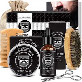 MALE GOD Kit de Barba - Set de Aseo con Aceite y Bálsamo Orgánicos, Cepillo y Peine de Madera, Tijeras, Caja de Regalo de Lujo, Bolsa de Nylon - Regalo Perfecto para Hombres