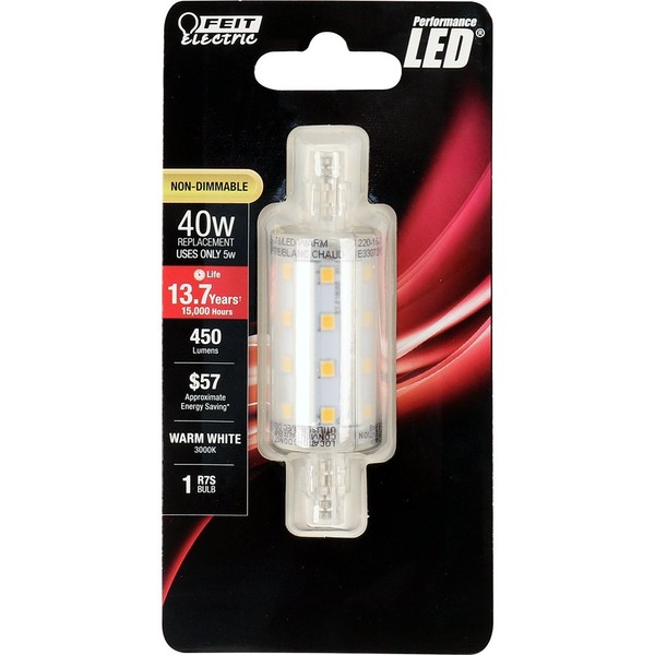Feit Electric BPJ78/LED 40W Equivalent R7S Non-Dimmable LED Light Bulb, Warm White, 3.25" H x 0.875" D