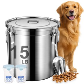 Newget Dog Food Storage Containers, Large Stainless Steel Pet Food Storage Containers 15 lb / 6.5 kg to Keep Fresh, Metal Airtight Cat Food Containers With Scoop and 2 Small Containers