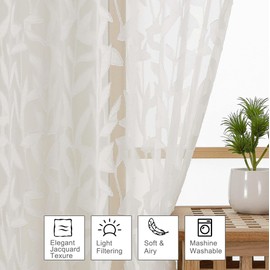 OWENIE Leyna Ivory Sheer Curtains 72 Inches Long for Bedroom 2 Panels Set, Light Filtering Clip Jacquard Textured Living Room Curtains, Rod Pocket Leaves Door Drapes, Each 40Wx72L Inch