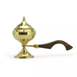 Prabhuji's Gifts Burner - Brass Burner Large with Wood Handle 6.5"Hx3.5"Dx9.