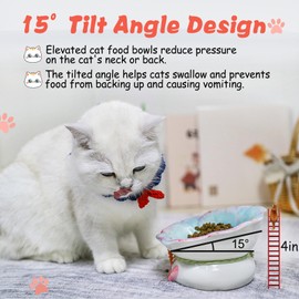 Elevated Ceramic Cat Bowls,Flower Shape Cute Cat Bowls,6''Elevated Cat Food Bowl,Raised Cat Bowls for Indoor Cats,Tilted Cat Food Bowls with Non-Slip Mat,Cat Bowls Whisker Friendly(Blue)