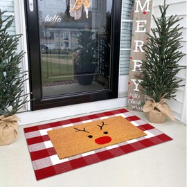 Christmas Door Mat Combo Set, 100% Coco Coir Welcome Mat + 28 x 43 Inches Red and White Plaid Rug - New Year Holiday Christmas Deer Collection Doormat for Front Porch Entryway Decor