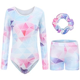 FEOYA Girls Gymnastics Dance Leotard with Athletic Shorts and Hairband 3Pcs Dancewear Gradient Colorful Long Sleeve/Sleeveless Dancing Costume Age 11 12