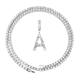 HH BLING EMPIRE Gold Silver Diamond Initial Necklaces for Women, Iced Out Initial Letter Pendants with Cz Diamond Tennis Necklace Chains, Alphabets A to Z letter necklace 18 Inch (A-Silver)