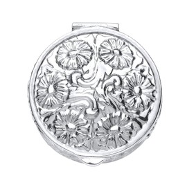 Ornate Embossed Foliate Pattern Round Pill Box for Women Men - Solid 925 Sterling Silver