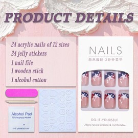 4th of July Press on Nails Short Square French Tip Fake Nails Nude Full Cover Wave Point Big Star False Nails with Designs Glossy Glue on Nails Tricolor Flag Acrylic Artificial Nails for Women Girls