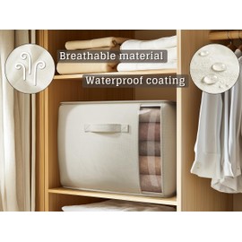 TomVista Large Canvas Clothes Storage Bags with Thick Handles and Clear Window, Foldable Cotton Linen Closet Organizer for Clothing, Blankets and Bedding, 70L, 6 Pack, Beige