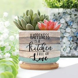 DecStic Happiness is A Kitchen Full of Love Planters Ceramic Bible Verse Round Plant Pot with Drainage Holes and Bamboo Tray Pot for Pots Outdoor Indoor Plants