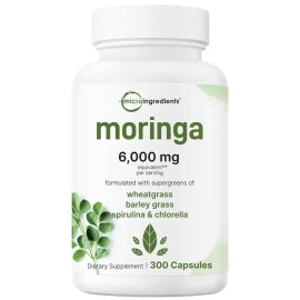 Moringa Oleifera 6,000mg Equivalent, 300 Capsules with Supergreens Blend of Wheatgrass, Barley Grass, Spirulina, & Chlorella