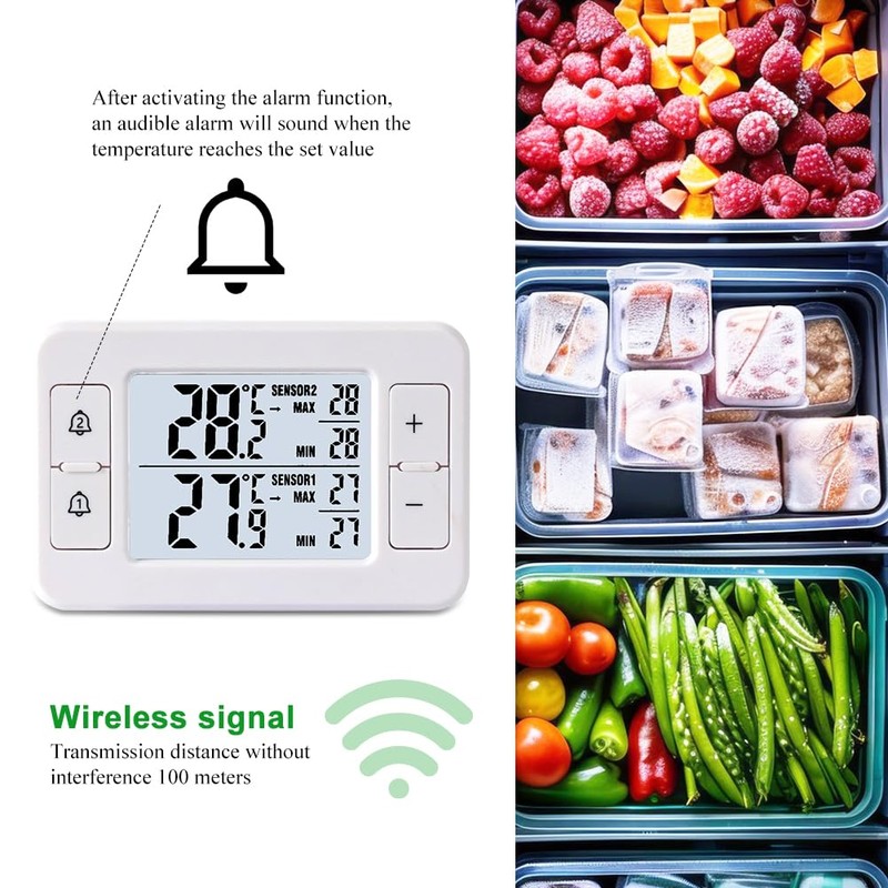 Fridge Thermometer, Freezer Thermometer with 2 Wireless Sensors, Thermometer Indoor