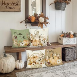 Bonhause Autumn Pumpkin Cushion Covers 45 x 45 cm Fall Leaf Wreath Floral Polyester Linen Decorative Throw Pillow Covers for Sofa Couch Bed Home Garden Outdoor Decor Set of 4