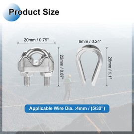 PATIKIL 14Pcs M4 304 Stainless Steel Wire Rope Kit, Wire Rope Cable Clip Clamp, Tube Thimble and Crimping Loop for 5/32 Inch Wire Rope Cable Thimbles, Silver