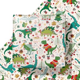 WAPLIGHAL Christmas Dinosaur Wrapping Paper - Cute and Festive Dino Gift Wrap with Santa Hats, Christmas Trees, and Holiday Icons on a Cream Background | 28 x 40 Inches | Perfect for Kids, Adults, and Dino Fans