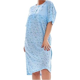 iTRONiK New Ladies Nightdress Floral Print Short Sleeve Rich Cotton Buttons Nightshirt (Blue, XL)