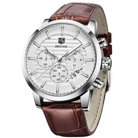 BENYAR Chronograph Waterproof Watches Business and Sport Design Brown Leather Band Strap Wrist Watch for Men (Coffee Silver White)