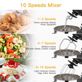 Garvee 7.5 QT Stand Food Mixer, 10-Speed Tilt Head 3 in-1 Kitchen Electric Mixer with Stainless Steel Bowl, Egg Whisk, Dough Hook, Beater, Splash Guard, Compact Dough Mixer for Home Cooks, Black