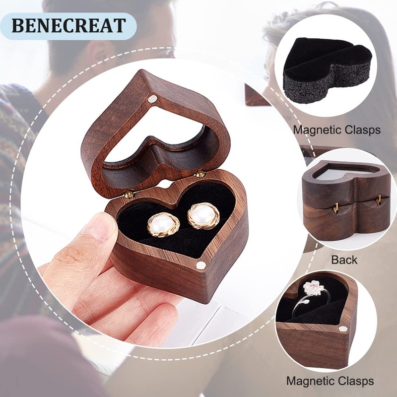 Benecreat 1 Piece Wooden Ring Box, Heart Shape, Walnut, Clear