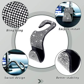 DRAMLOR Bling Rear View Mirror Accessories with 2 PCS Bling Car Seat Hooks for Headrest, Universal Bling Rear View Mirror Cover Diamond Rear View Mirror for Women ＆ Girls