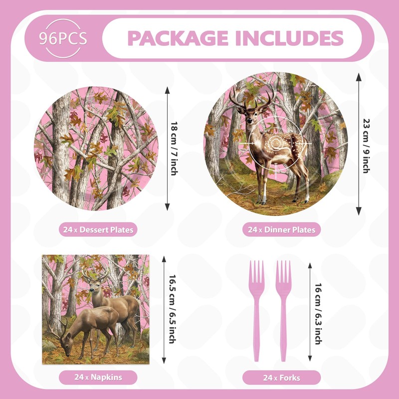 Greencian 96Pcs Pink Hunting Deer Camo Party Decorations, Serves 24