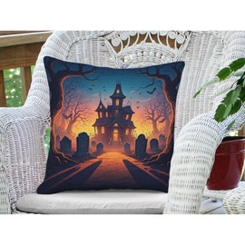 Throw Pillow Cover 16x16 Inch,Halloween Halloween Haunted House with Tombstones Trees Around The Edges Throw Pillow Case,Home Decor Cushion Covers for Sofa Living Room Couch Bed