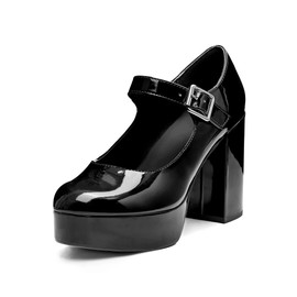 Coutgo Mary Jane Shoes Women Black Platform Heels for Women Patent Chunky Heels