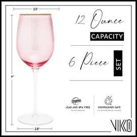 Vikko Décor Wine Glasses, Set of 6 Peach Blown Glass with Gold Rim, 11 Ounce Fancy Wine Glasses With Stem for Red and White Wine, Dishwasher Safe Goblets, Decorative Wine Glasses