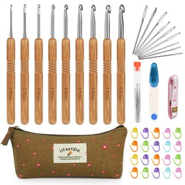 Aeelike Carbonised Crochet Hook Wooden Handle Set for Beginners, Professionals, Ergonomic Crochet Set with Bag and Crochet Accessories, 2.0-6.0 mm Lightweight Crochet Hooks Set Bamboo for Arthritic