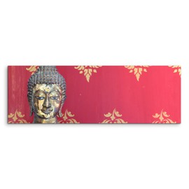 Paul Sinus Art Panorama Photo Canvas 120 x 40 cm Artistic Photography - Buddha Head with Red Background on Canvas Exclusive Wall Picture Modern Photography for Your Wall in Many Sizes