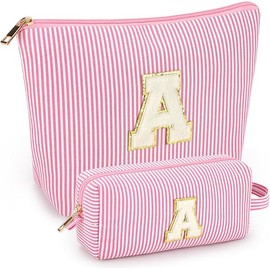 mibasies 2 PCS Initial Makeup Bags: Mothers Day Gifts for Women - Cosmetic Bag for Travel Toiletry - Gifts for 11 12 13 14 15 16 17 18 Years Old Teen Girl Gifts Graduation Teacher Gifts - Pink A