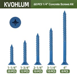 60 PCS 1/4" Blue Flat Head Concrete Screws Anchor Kit with Drill Bit and Hex Bit Socket for Masonry, Cement, Block, Brick or Stucco