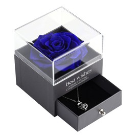 Preserved Real Rose Eternal Rose Drawer with Love You Necklace 100 Languages, Gift for Valentine's Day Wedding Anniversary Birthday for her/Women/Girlfriend (Dark Blue)