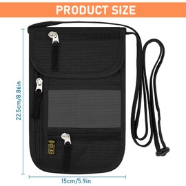 sundee Travel Neck Wallet with RFID Blocking for Men and Women, Passport Holder and Neck Pouch with Adjustable Lanyard Strap, Slim Wallet with Zipper Pockets to Keep Cash Cards Phone Safe -Black
