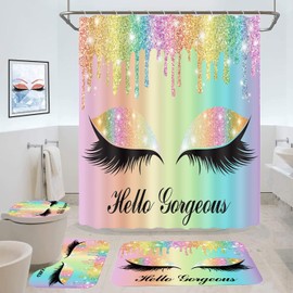 GURETER Hello Gorgeous Shower Curtain Set, 4PCS Rainbow Pretty Eyelash Luxury Glitter Bathroom Sets with Shower Curtain and Rugs, Toilet Lid Cover, Bath Mat and U Shaped Rug, 12 Hooks, SETLSGU8
