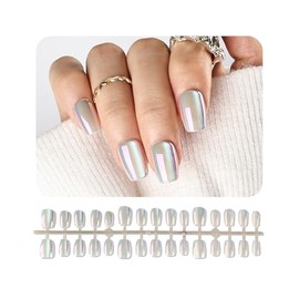JODSONE White Pearl Metallic Mirror Effect Fake Nails Set - Pearl Glitter Magic Mirror Press On Nails, Metal Chrome Square Stick On Nails Reusable Natural for Women