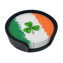 Irish Flag with Four Leaf Clover Coasters for Drinks with Holder Leather Coasters Set of 6 Funny Green Drink Coasters Sets for Living Room Kitchen Coffee Bar Table Holiday Decor