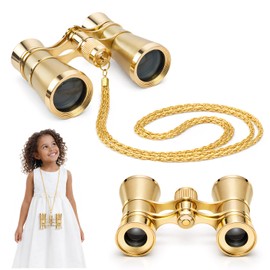 3x25 Binoculars Opera Glasses with Chain, Low-Light Night Vision, Vintage Style for Adults and Kids, Ideal for Theater, Concerts, Bird Watching, Travel, Golden
