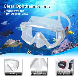 Dry Snorkel Set Pano 3 Snorkeling Gear for Adult, Anti-Fog Snorkel Mask Professional Diving Goggles and Snorkel for Snorkeling Swimming Diving (White)