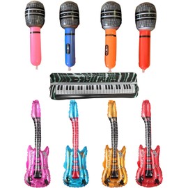 9Pcs Blow Up Party Props Instruments Inflatable Microphone, Inflatable Guitar, Blow Up Microphone, Blow Up Guitar, Party Decorations for Birthday, Music Theme, Photo Booth, Concert, Eurovision Party